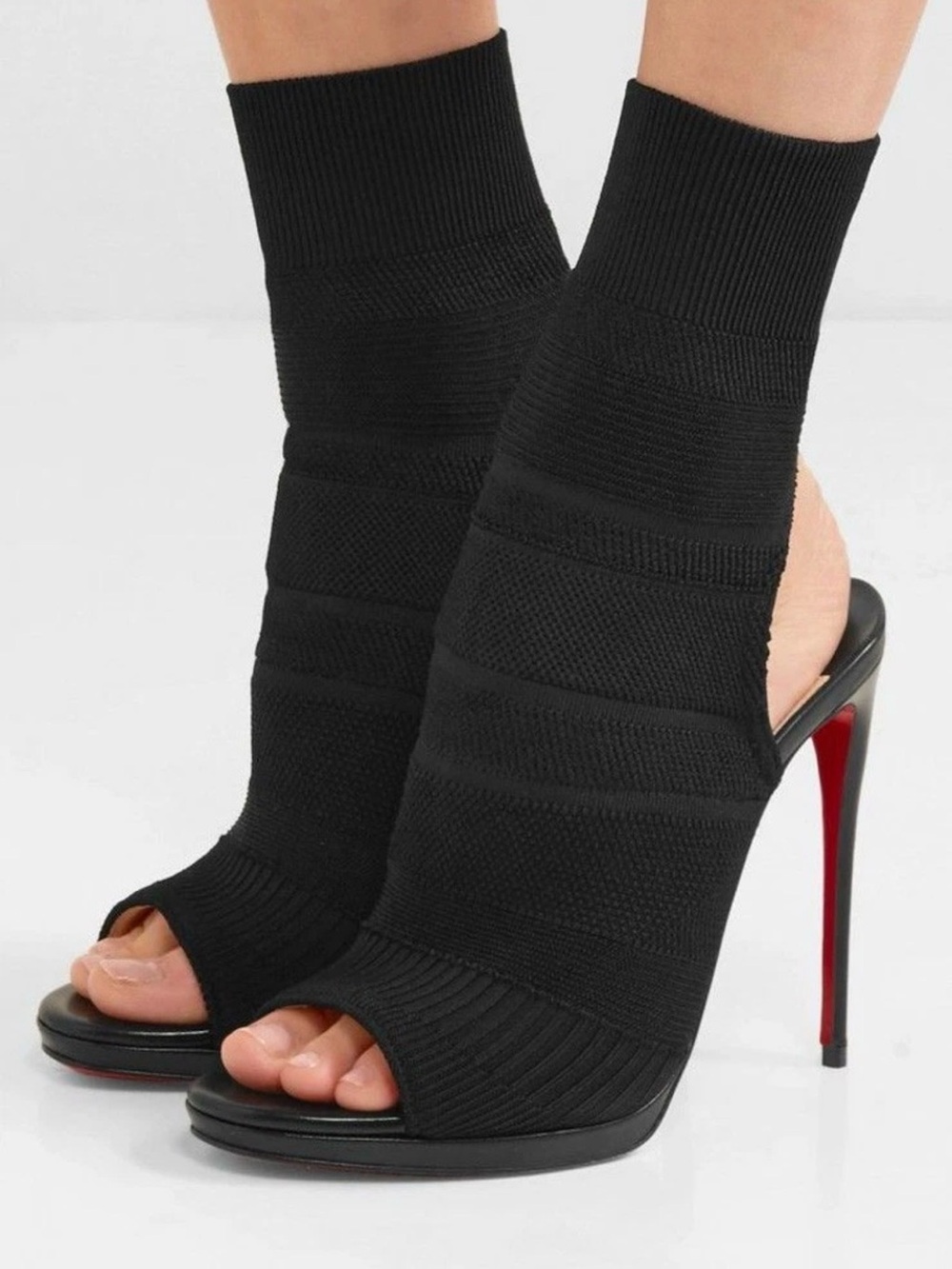 Christian Louboutin Cheminene 120 Black Open Toe Sock Boots Heels 38